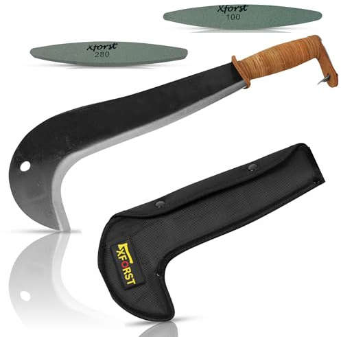 Xforst Schweizer Gertel mit Ledergriff – Gartenmachete, Sichel, Machete & Hippe aus Stahl mit Korrosionsschutz, inkl. Schneidenschutz & 2 Schleifsteinen, für Garten, Outdoor & Bushcraft, 43 cm – SWS#