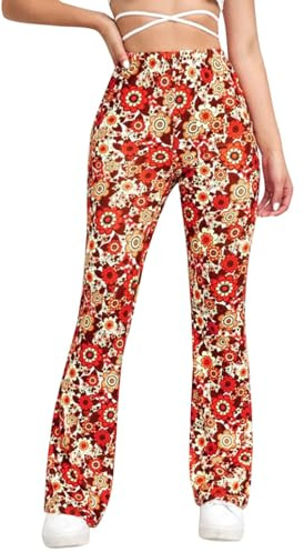 Pantalon évasé pour femme des années 70 - Style bohème des années 60 - Style hippie - Fleurs - Taille haute - Costume disco - Pantalon de yoga - Legging hippie - Pantalon de festival pour femme