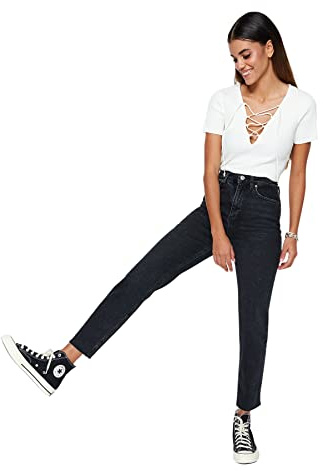 Trendyol Donna Donna Vita Alta Gamba Dritta Mamma Jeans Pantaloni, Nero, 38