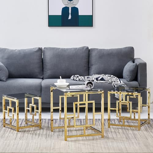 ZOONFA Nest of Table Set of 3 Square Coffee Table with Gold Stainless Steel Frame Dark Glass Tabletop Ending Table Sofa Side Table for Living Room Office (Gold Frame,Dark top)