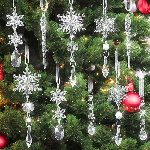 Ouligay 10 Stück Schneeflocken Weihnachtsbaumschmuck, Christbaumschmuck Schneeflocken Eiszapfen Weihnachtsbaum Deko, Acryl Kristall Eiszapfen Weihnachtsbaum Anhänger für Dekoration Weihnachten Party