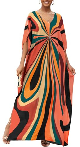 Bsubseach Maxi Vestido Kaftan para Mujer Estampado de Rayas Cubre Trajes de Baño de Manga Murciélago Caftán Nananja