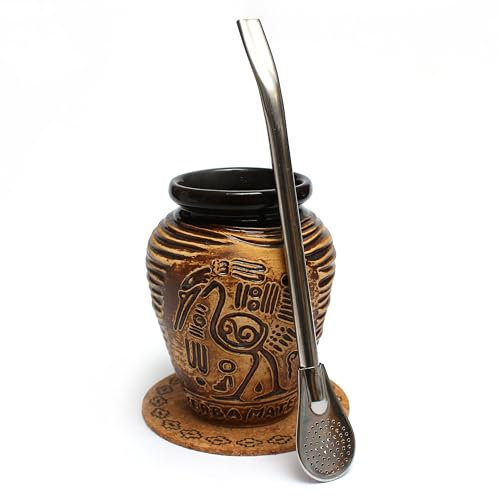 Mate Green Mate-Tee Kalebasse Set ● Tazza in ceramica Aztek 300 ml ● Tazza da tè in ceramica ● Cannuccia in acciaio inox Bombilla 19 cm ● Tappi in sughero ● Calebasse in ceramica fatta a mano