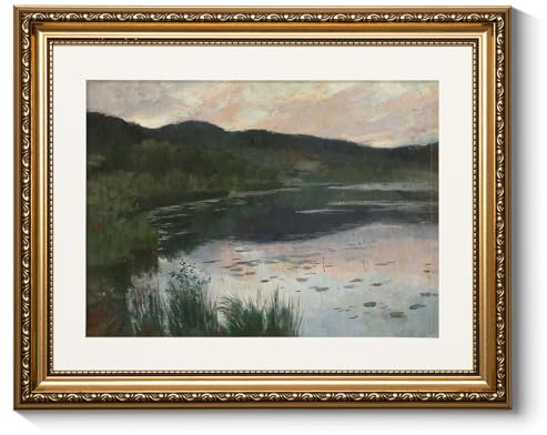 ARPEOTCY inramad landskapsväggkonst med guldfärgad ram, väggdekoration med flodlandskap för vardagsrum och sovrum, lantlig retroinredning, canvastryck, antik tavelram, vintagemålningar, 33 × 40,6 cm