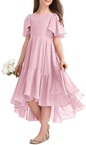 Haloumoning Girls' Summer Dress, V-Neck Ruffle Dresses, Casual A Line Flowy High Low Long Party Dress,Elegant Birthday Evening Dress, Pink, 140 cm