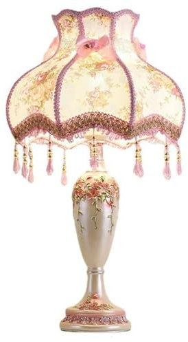 kaixunl Antique Victorian Lamp with Fringe & Lace,Pink,Vintage Fabric Table Lamp with Shade,European Pastoral Nightstand Vase Shape Table Light for Bedroom Living Room