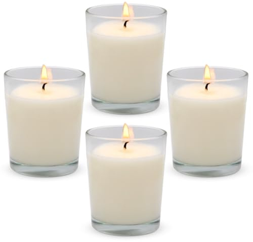 Paquete de 4 velas votivas blancas sin perfume en cristal, velas de cera de soja natural de 2 pulgadas para Navidad, boda, fiesta, decoración del hogar, vacaciones, spa, 12-15 horas de combustión
