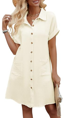 Niwicee Vestito Donna Scollo a V in Cotton Elegante Abito da Camicia con Botton e Tasche Casual Mare Spiaggia