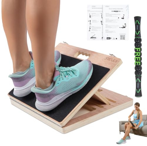 14″ Wide Premium Portable Wooden Slant Board, Thicker Bottom – Professional Adjustable Calf Stretching, Beginner & Rehab Friendly, Exercise Guide and Bonus Muscle Roller, Squats, Physical Therapy
