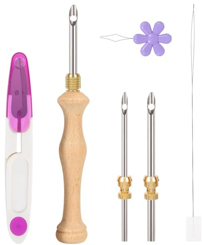 JSRQT Réglable Kit D'aiguilles À Poinçonner,Aiguille à Broder Réglable (5/3.5/2.5mm) avec Manche en Bois, Ensemble D'aiguilles à Broder,Kit Punch Needle pour Bricolage