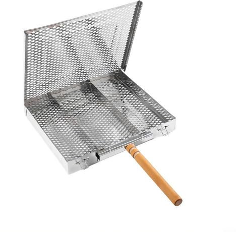 Aprilsunnyzone Cesta de parrilla de pescado de acero inoxidable con cerradura con mango de madera para cocinar al aire libre (mango único)