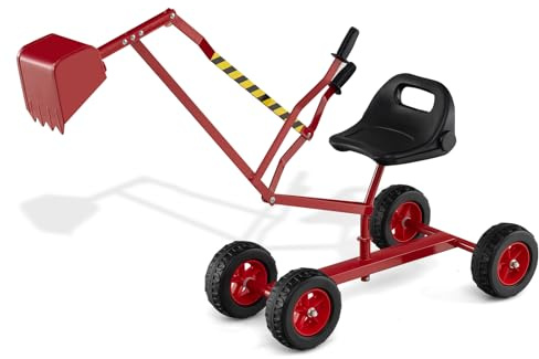 COSTWAY Escavatore Giocattolo, Ruspa Cavalcabile per Bambini con Comandi a 2 Mani e Pala Flessibile, Sedile Rotante 360°, 4 Ruote, per Bambini 3 Anni+ (con Ruote Rosso)