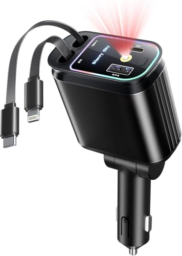 Frogetu 4 In 1 Caricatore Auto USB C 66W, Carica Batteria per Auto Cellulare con Luce Stellata, 12V/24V Caricabatteria da Auto Retrattile usb-C/usb-A, per iPhone 16/15/14, iPad, Android