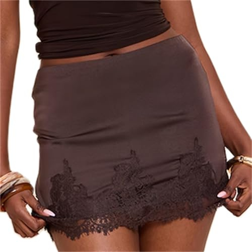 Noplhy Women's Satin Lace Short Skirt Sexy Slim Fit Lace Patchwork Elastic Waist Half Slip Mini Skirts Y2k A Line Under Dress (Brown, M)