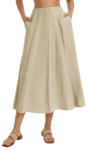 Kate Kasin Women's Summer Maxi Skirt Ladies Elastic High Waist A-Line Long Skirts with Pockets