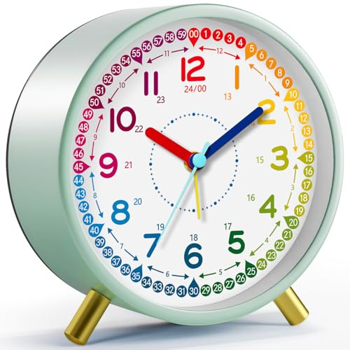 Zonopy Sveglia analogica silenziosa senza ticchettio per bambini - Orologio di apprendimento analogico per principianti - Orologio rotondo elegante in metallo - Funziona a batteria - Suoneria forte
