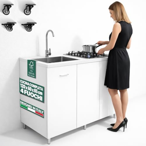 Shally Dogan Sottolavello Cucina 120 x 60 x 85 cm completo di Piano Cottura 4 Fuochi e Lavello in Acciaio Zincato 50 x 40 cm a sinistra, Rubinetteria Completa con Fontana e Accessori Inclusa (Bianco)