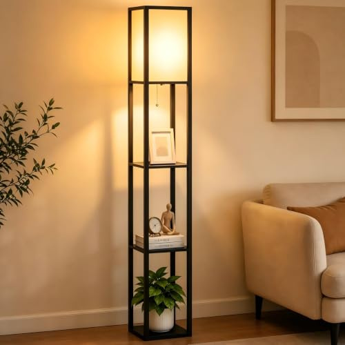 ARTETHYS Floor Lamp with Shelves, Standard Tall Lamps for Living Room | Standing Lamps with 3-Tier Storage Shelf, Modern Wooden Lamp for Bedroom, Home Office, Black