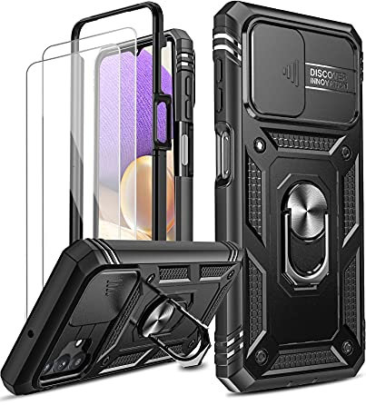 LeYi for Samsung Galaxy A32 5G Case with Slide Camera Cover and 2 Tempered Glass Screen Protector,Ring Holder Full Body Protective Heavy Duty Shockproof Silicone Tough Hard Armour Phone Cover, Black