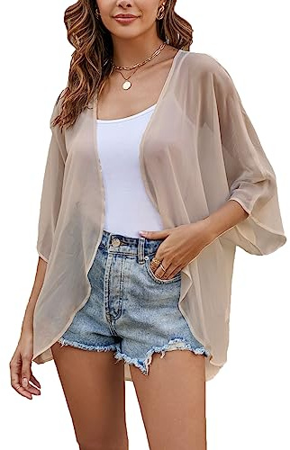 Heynino Womens Chiffon Kimono Cardigans Open Front Floral Print Beach Cover up Capes Sheer Loose Blouse Tops
