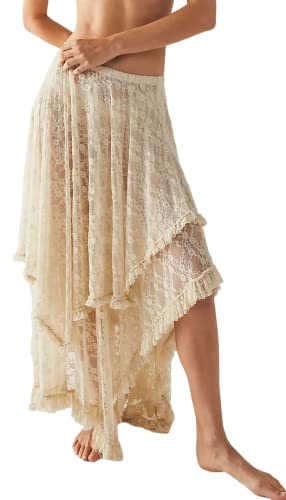 R.Vivimos Mujer Elegante Verano Bohemio Encaje Playa Falda Falda Larga Sensual Semitransparente Volantes Falda Larga Irregular(S,Beige)