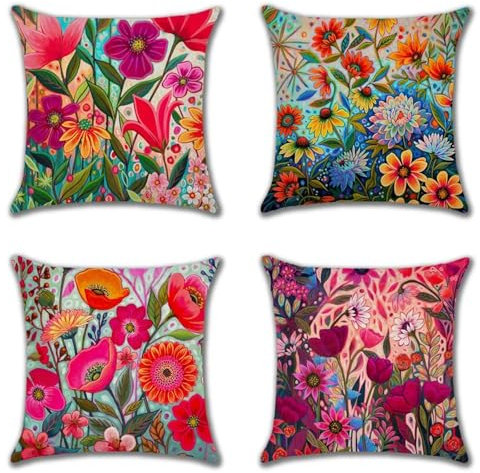Vonluxeshop Kissenbezug 4er Set Leinen Outdoor Kissen Bunt Blume Sofakissen Dekorative Kissenbezüge mit Verstecktem Reißverschluss für drinnen und draußen Perfekte Deko Kissen (60x60cm)