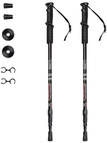 TANGZON Collapsible Walking Poles, Lightweight Aluminum Telescopic Hiking Sticks with Adjustable Wrist Straps, Anti-shock Trekking Poles for Climbing Camping Backpacking (with Plastic Handle, Black)