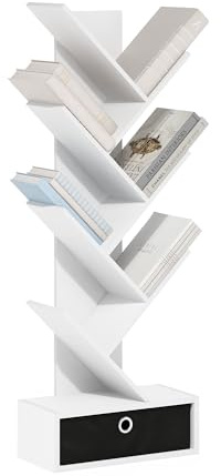 Furinno Tree Bookshelf 7-Tier Floor Standing Tree Bookcase with Bin Drawer, White/Black