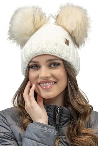 Vivisence Affascinante Cappello da Donna con Due Grandi Pom-PON Realizzato in Caldo Filato con Fodera in Pile Antistatico, Perfetta vestibilità Ideale per Le Giornate Invernali, Ecru,Taglia Unica