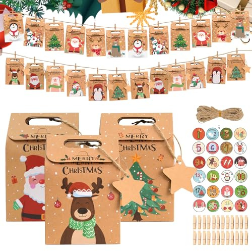 Calendario de Adviento para Rellenar, 24 Cajas Calendario Adviento Para Rellenar, Calendario de Adviento DIY, Calendario Adviento Vacio con Pegatinas Digitales, Bolsas Regalo Navida