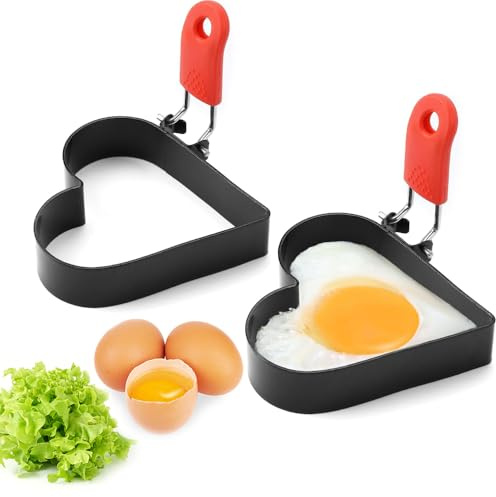 2 Stück Omelettformen, Pancake Form, Antihaftbeschichtete Herz Eierringe mit Klappgriffen, Edelstahl Pancake Form, Spiegeleier Form, Spiegeleiformen Antihaft für Spiegeleier