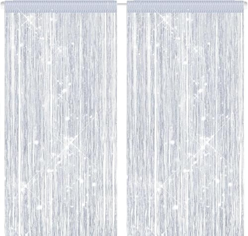 QHSXMQ Pack of 2 String Curtains Balcony Door Insect Protection Curtain Thread Curtain 100 x 200 cm Fly Curtain Patio Door Glitter Fringe Curtain for Door Curtain for Wedding (Silver)