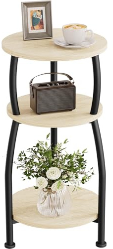 Yuede Round Side Table, 3 Tier Slim Round Coffee Table, Small End Table with Storage Shelf, Bedside Table, for Living Room, Bedroom, Small Space, Metal Frame, Vintage, 30 x 55 cm (Oak)