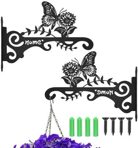 2 Pack Hanging Basket Brackets Outdoor Plant Hanger for Fence or Wall, Sturdy 10 Inch Metal Wall Hooks for Planters Lantern Bird Feeder Wind Chime, Durable Garden Home Decoration in Matt Black