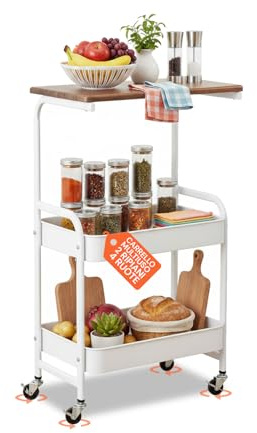 Avilia - Carrello Cucina Multiuso a 2 Ripiani in Metallo e Legno - Mobile Salvaspazio con 4 Ruote Girevoli a 360° - Organizer Portatutto per Casa, Ufficio e Bagno - 77x43x30 cm - Industrial