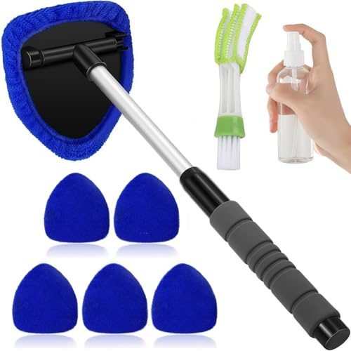 Pulitore Parabrezza Auto Estensibile con Maniglia Girevole,Spazzola Pulisci Vetro Auto,6 Cuscinetti Riutilizzabili e Lavabili,Bottiglie Spray,Spazzola per Condizionatore d'Aria,Blu