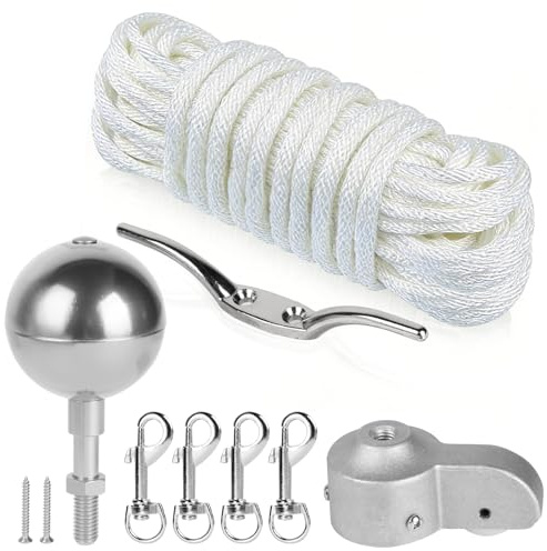 DBREAKS Kit Accessori per Asta Bandiera, Kit di Riparazione per Aste incl. Punta a Sfera Oro, Topoer con Carrucola, Moschettone, Tacchetta, 15m Corda, per la Decorazione del Giardino, Argento