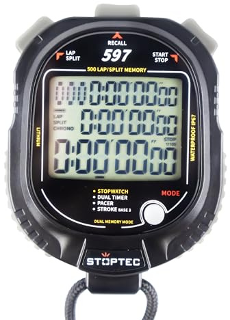 Stoptec 597 - Cronómetro (pantalla grande de 3 líneas, mecanismo de puntos de presión, memoria 500, temporizador dual, Pacer, medición del número de impactos, pantalla y sonido, resistente al polvo y