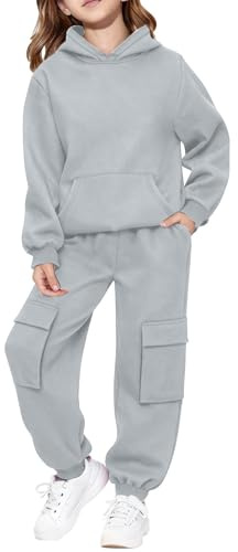 TYUSGH Ensemble de survêtement pour enfants - Sweat à capuche uni et pantalon cargo jogger - Pantalon de survêtement baggy - Pour filles et garçons - Tenues de sport athlétiques 2 pièces, gris, 11-12