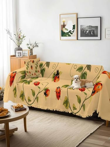 Ladybugs Eucalyptus Sofa Cover Blanket Couch Covers for Armchair Cushion,Couch Sofa Silpcover with Tassel,Spring Botanical Leaves Yellow Living Room Bedroom Throw Towel Blanket Covers XX-L 71x150