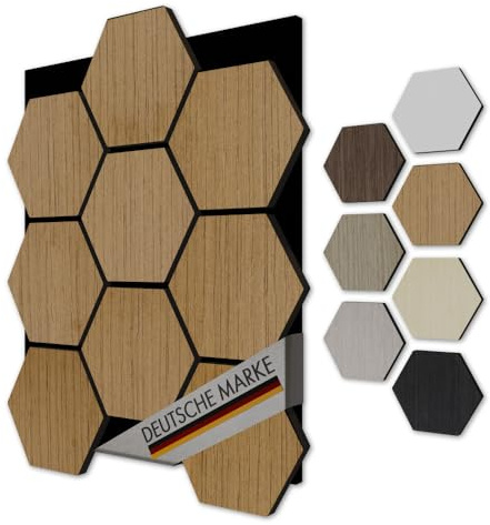 Akustiko Hexagon 3D-väggpaneler, 5 stycken 567 x 693 mm – filt, akustiska paneler och MDF-remmar, tekniskt faner, träutseende, vaxkakor, väggbeklädnad och väggdekoration, ljudabsorberande vägg (teak)