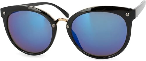 styleBREAKER occhiali da sole con montatura multimateriale con forma occhi di gatto cat eye e borchie, da donna 09020071, colore:Montatura Nera/Vetro Blu munito di specchi