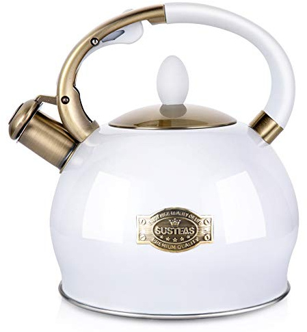 SUSTEAS Stove Top Whistling Tea Kettle - Food Grade Stainless Steel Teakettle Teapot with Cool Touch Ergonomic Handle, With 1 Silicone Pinch Mitt Included, 2.64 Quart(WHITE)