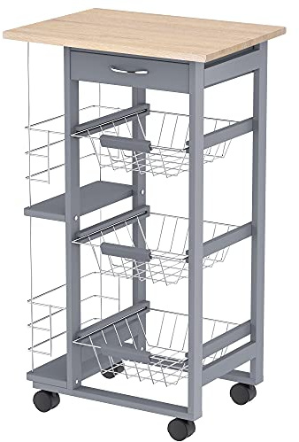 Homcom - Carro de servicio de cocina con ruedas con 3 cestas de metal y 2 botellas, madera de pino contemporáneo 47x37x83cm gris