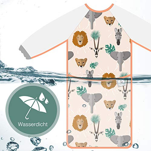 cozy racoon Lätzchen mit Ärmeln für Jungen & Mädchen im Safari Design I 6 bis 18 Monate I Pflegeleichte Ärmellätzchen zum Essen und Basteln perfekt I Größenverstellbar, Abwaschbar und Wasserdicht