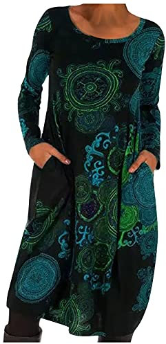 Women Dresses Sale Casual O-Neck Hedging Print Ethnic Style Long Skirt Long Sleeve Loose Dress UK Size Party Elgant Dresses Clearance Work Dress Office Dressing Blue