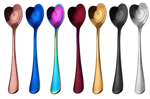 Coffee Teaspoons,7 Colors Heart Shaped Spoons,Stainless Steel Coffee Spoon,Cute Spoon Set,Dessert/Ice Cream/Stirring Spoons/Love/Sugar Spoons