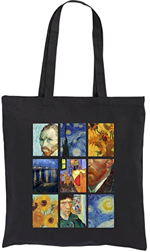 Artexia Borsa Tela Van Gogh Tote Bag 38x42cm Borsa Shopper Cotone Con Manici Lunghi 70cm Borsa Di Stoffa Shopper Cotone Arte Borsa Di Tela Idea Regalo (Van Gogh Nero)