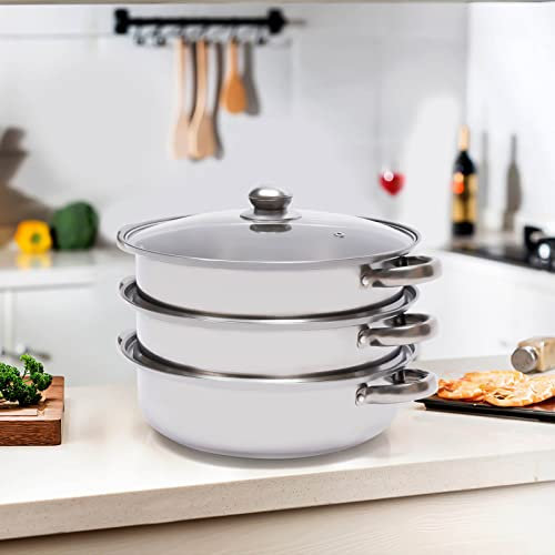 Thick-Bottomed Stainless Steel Steamer Pot 3 Tier Food Steamer for Cooking Large Metal Steamer Work for Electric and Gas Stove Great for Tamale Dumpling and Seafood