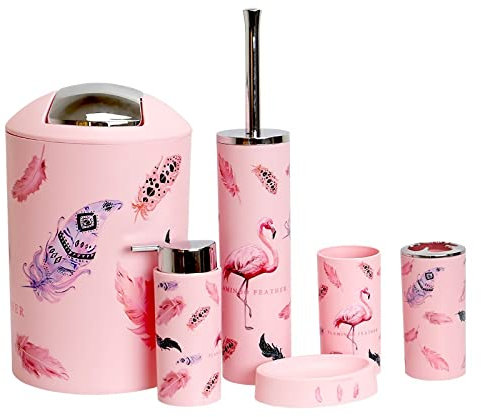 PITRAK 6-teiliges Badezimmer-Zubehör-Set aus Kunststoff, Lotionflaschen mit Flamingo-Muster, Zahnbürstenhalter, Zahnbecher, Seifenschale, Toilettenbürste, Mülleimer